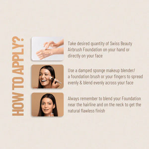 Step-by-step guide on how to apply Swiss Beauty Airbrush Foundation with hands, makeup sponge, and brush for a flawless finish