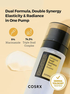 Cosrx Advanced Snail Radiance Dual Essence bottle with product details on a beige background