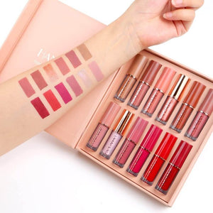 HANDAIYAN 12-piece matte liquid lipstick set with vibrant shades, waterproof velvet lip glosses displayed in various colors.