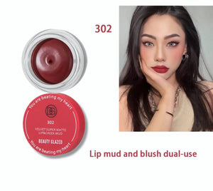 Beauty Glazed Velvet Super Matte Lip & Cheek Mud in shade 302 with a model wearing matching rose matte lipstick and blush