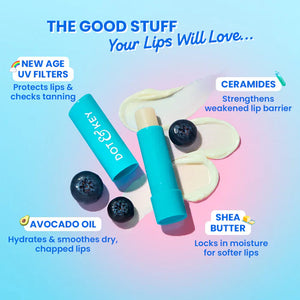 Dot & Key Barrier Repair Hydrating Lip Balm in Blueberry Bliss shade with SPF 50, featuring pink tint and nourishing ingredients.