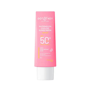 Dot & Key Watermelon Cooling Sunscreen SPF 50+ PA+++ in a pink tube, designed to protect and refresh skin with watermelon extract.