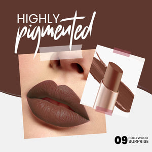 Vibrant true red matte swatch of MARS Creamy Matte Lipstick Shade 09 showing intense pigment and creamy finish.