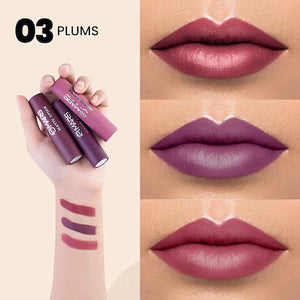Swatches of three deep plum and vibrant berry shades from MARS Matte Lipstick Box Set 03 showing a smooth liquid matte finish.