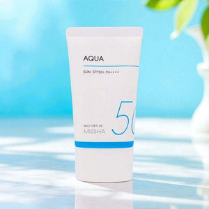 Missha Aqua Sun Gel SPF50+ PA++++ in a 50ml tube, featuring a lightweight, hydrating formula with a pink flash design.