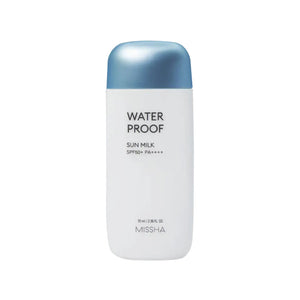 Missha Waterproof Sun Milk SPF50+ PA++++ in 70ml bottle, pink packaging, lightweight sun protection lotion for face and body.