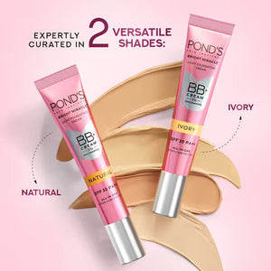 Pond’s Bright Miracle Light Foundation and BB+ Cream in Natural shade, pink flash BD, with smooth, even skin coverage visible in the image.
