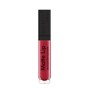 Intense scarlet red matte swatch of Swiss Beauty Liquid Lipstick Shade 01 showing smooth, non-cracking texture.