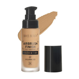 Swiss Beauty Airbrush Foundation in Shade 4 Golden Beige, showcasing lightweight, full coverage for medium to dusky skin.