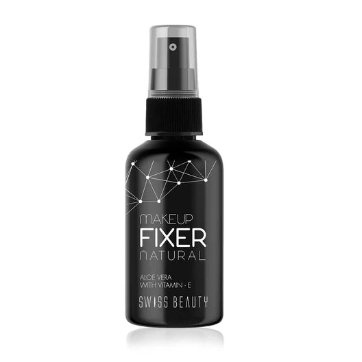 Swiss Beauty Natural Makeup Fixer setting spray with matte finish and hydrating formula, shown in a pink bottle.