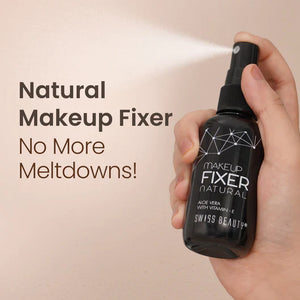 Swiss Beauty Natural Makeup Fixer with matte finish, hydrating setting spray in pink flash, shown in a sleek bottle with a spray nozzle.