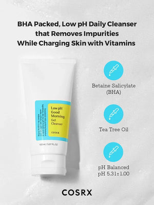 COSRX Low pH Good Morning Gel Cleanser in 150ml, with soft pink packaging, gentle facial cleanser for daily skincare.