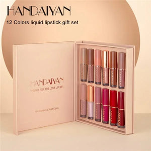 HANDAIYAN 12-piece matte liquid lipstick set with vibrant shades, waterproof velvet lip glosses displayed in a stylish collection.