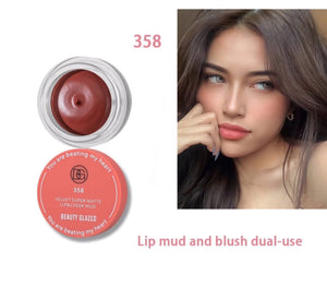 Beauty Glazed Velvet Super Matte Lip & Cheek Mud shade 358 with model showing dual-use lip and blush makeup