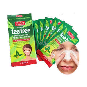 Beauty Formulas Tea Tree Nose Pore Strips for deep cleansing and blackhead removal, shown on nose with strips applied.