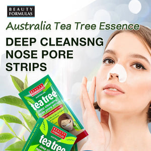 Beauty Formulas Tea Tree Nose Pore Strips for deep cleansing and blackhead removal, shown on a nose with strips applied.