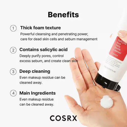 Creamy texture of COSRX Salicylic Acid cleanser transforming into a rich foam for deep pore cleaning.