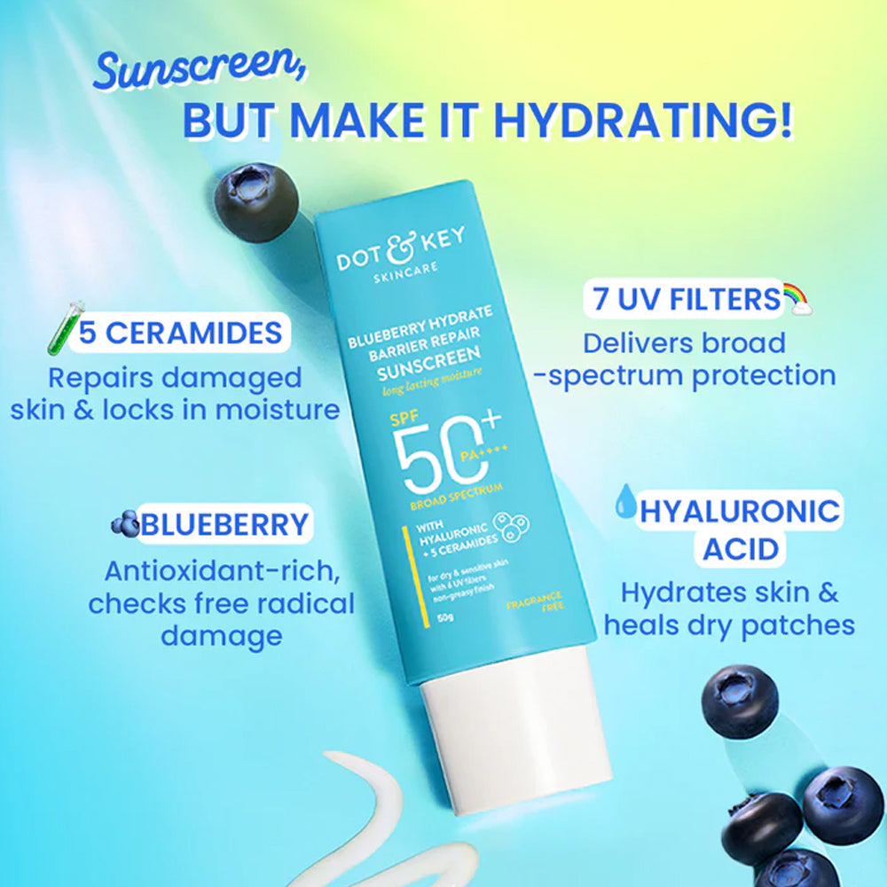 Dot & Key Blueberry Hydrate Barrier Repair Sunscreen SPF 50+ PA++++, 80g, showing the product tube with blue and pink packaging.