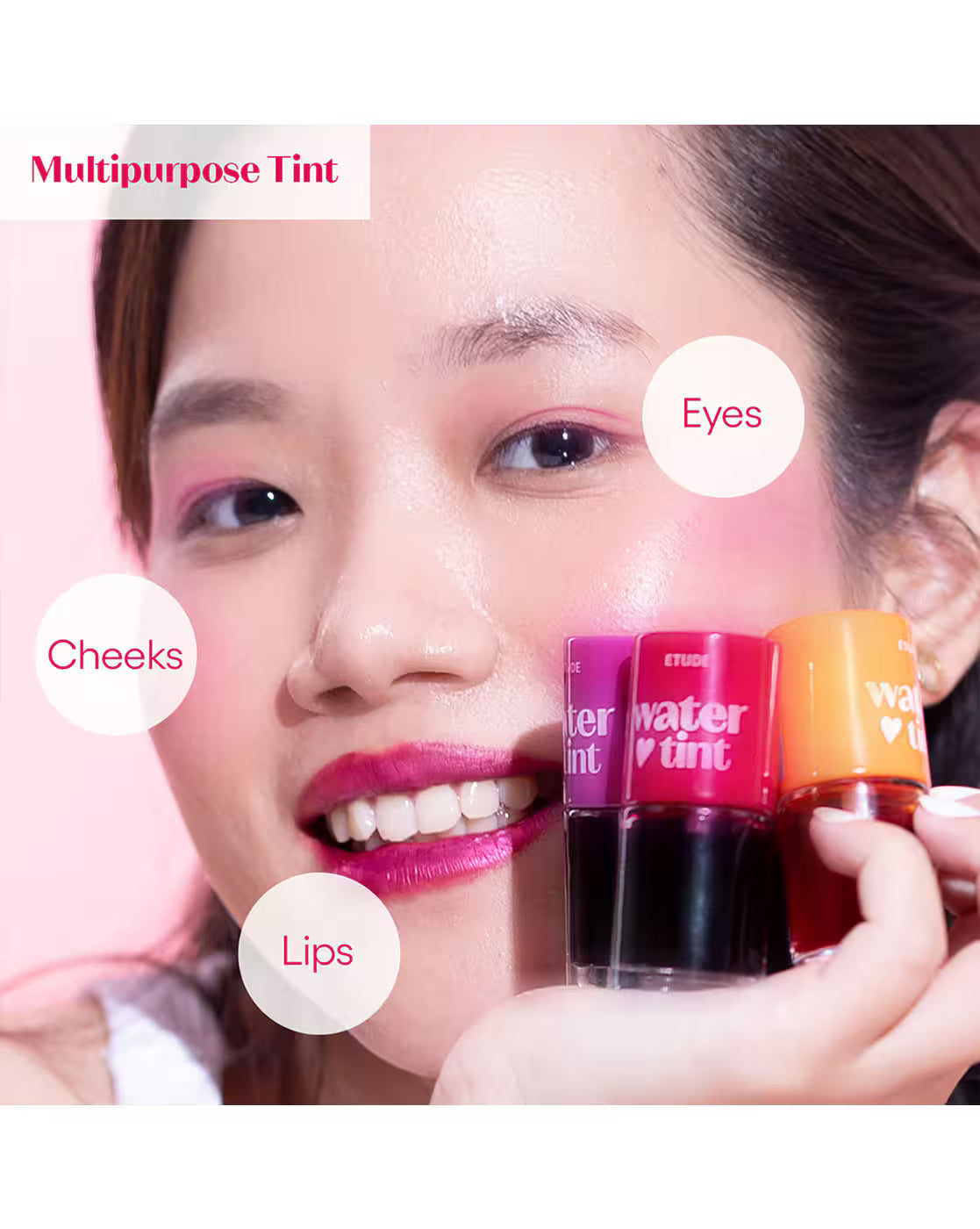 Etude Dear Darling Water Tint in shade 04 Red Grapefruit Ade showing the applicator and vibrant pink-red lip tint.