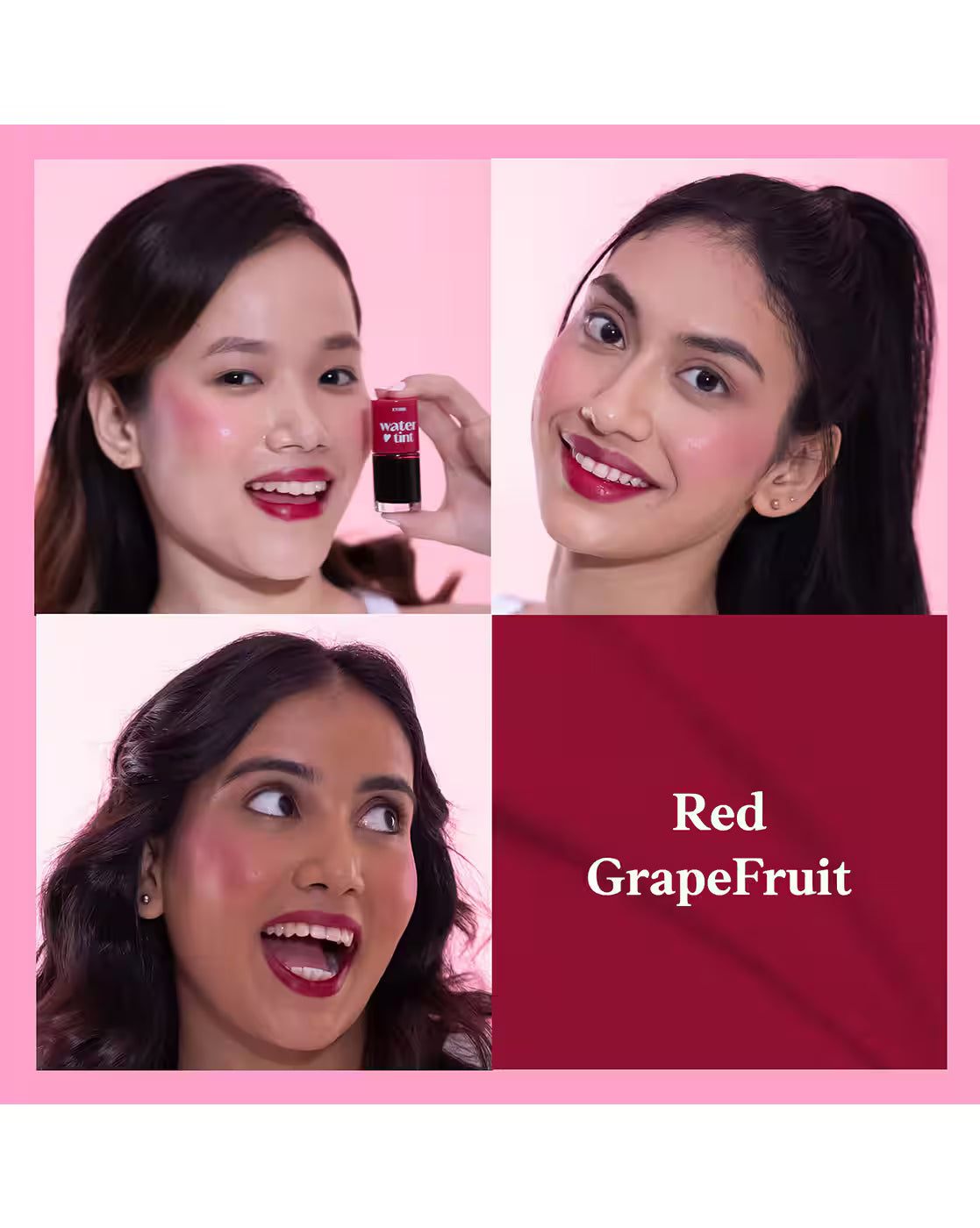 Etude Dear Darling Water Tint in shade Red Grapefruit Ade, showcasing a vibrant pink-red lip tint in a simple applicator bottle.