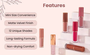 HANDAIYAN 12-piece matte liquid lipstick set with vibrant shades, waterproof velvet lip gloss collection displayed in a compact kit.
