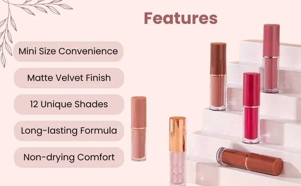 HANDAIYAN 12-piece matte liquid lipstick set with vibrant shades, waterproof velvet lip gloss collection displayed in a compact kit.