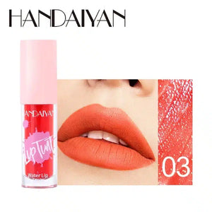 Handaiyan Water Lip Tint in vibrant coral shade 03 with close-up of lips wearing matte coral lipstick