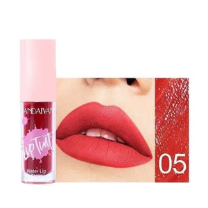 Handaiyan Water Lip tint in shade 05 with close-up of lips wearing vibrant red matte lipstick