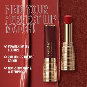 IMAGIC red lipstick with gold and maroon casing on matte red background, powder matte, 24H intense color, waterproof