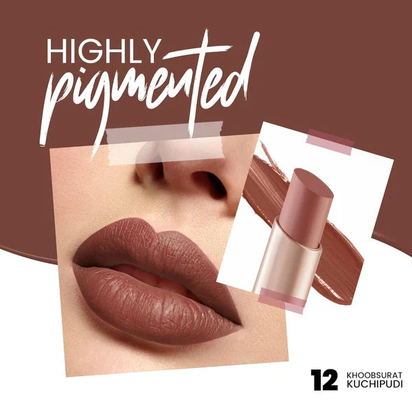Soft peachy-pink nude matte swatch of MARS Lipstick Shade 12 Khoobsurat Kuchipudi showing creamy, velvety texture.