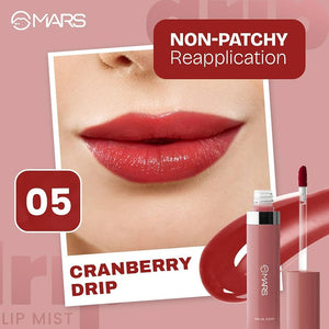 MARS Drip Lip Mist Shade 05 applied for a juicy cranberry red glow - Pink Flash BD