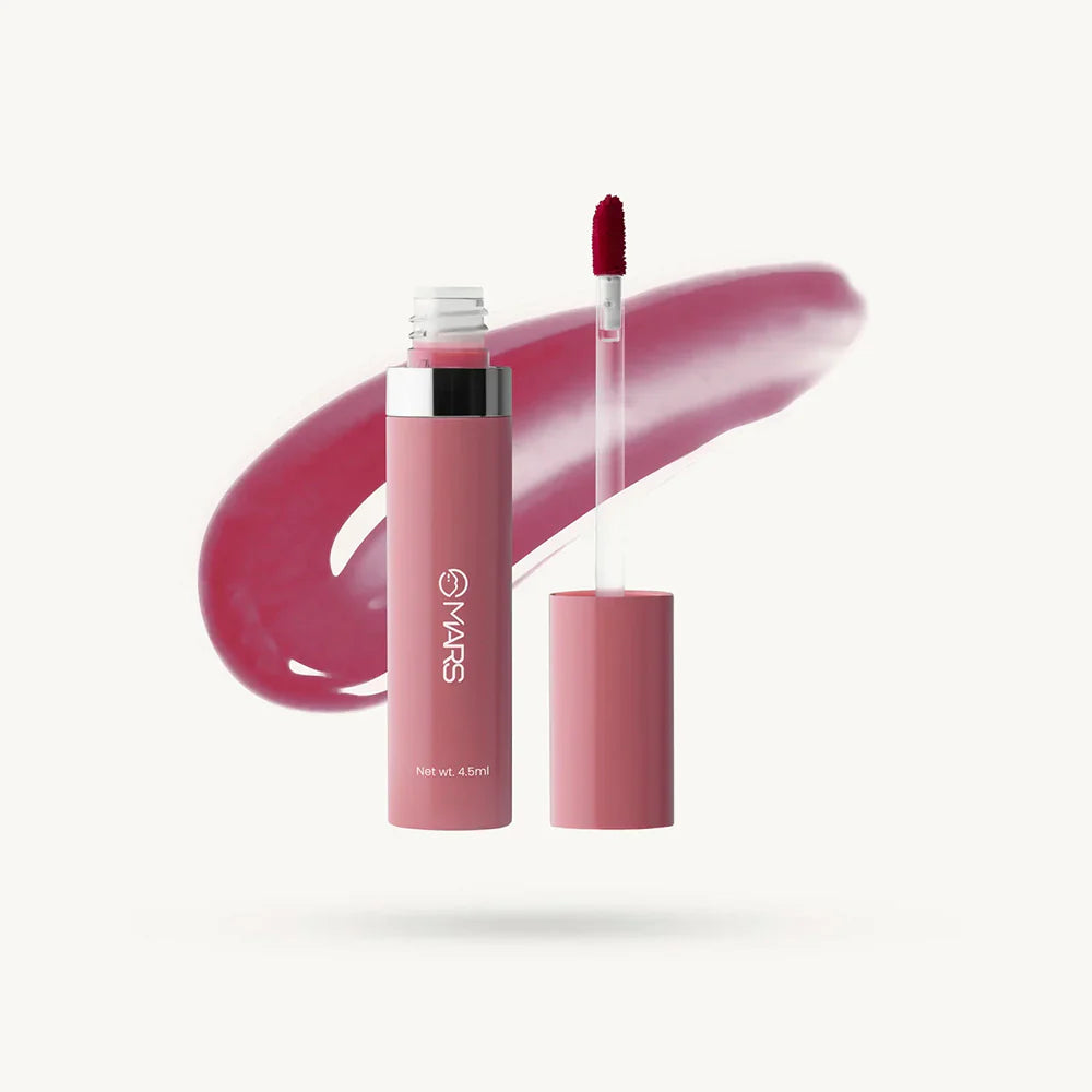 Color swatch of MARS Drip Lip Mist Shade 02 Mulberry Drip showing high-shine pigment and moisturizing finish. 