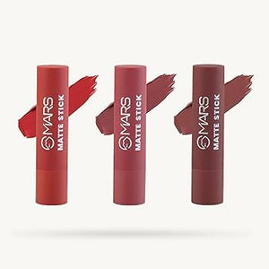 Swatches of three deep red and bold maroon shades from MARS Matte Lipstick Box Set 01 showing a velvet matte finish.