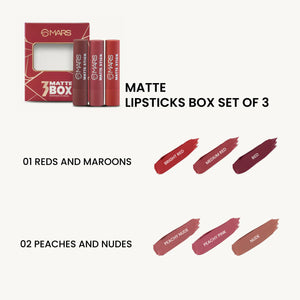MARS Matte Lipstick Box Set of 3 Shade 01 and 02 - Collection of Peach, Beige, and Nude Liquid Lipsticks - Pink Flash BD