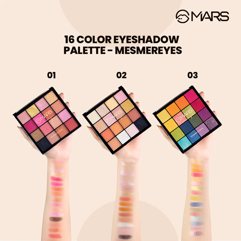 High-pigment swatches of MARS Mesmereyes Shades buttery mattes and intense metallic shimmers.