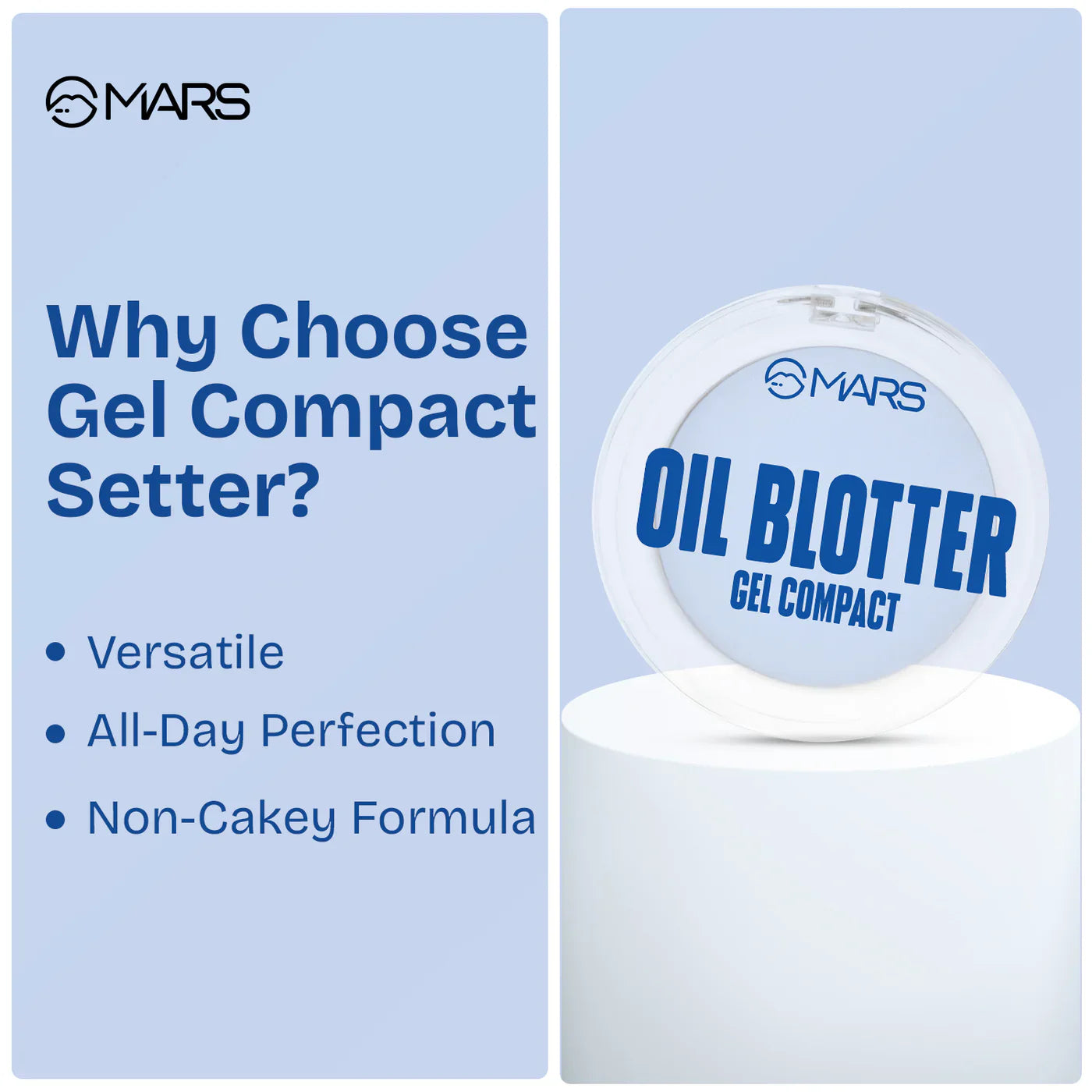 Showing instant shine removal and poreless matte finish using MARS Oil Blotter Gel Compact.