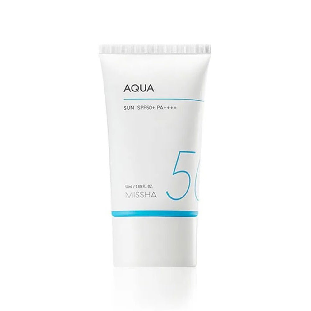 Missha Aqua Sun Gel SPF50+ PA++++ in 50ml tube, featuring a lightweight, hydrating sunscreen with a pink hue.