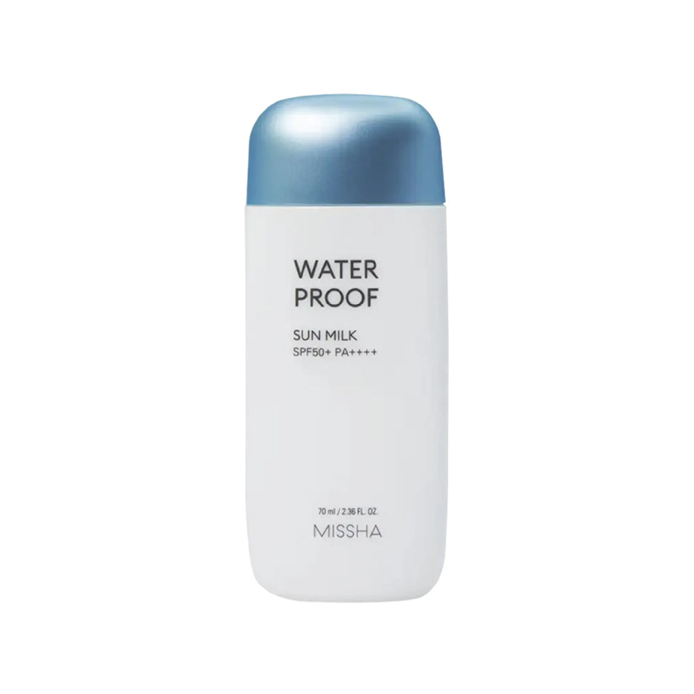 Missha Waterproof Sun Milk SPF50+ PA++++ in 70ml bottle, pink packaging, lightweight sun protection lotion for face and body.