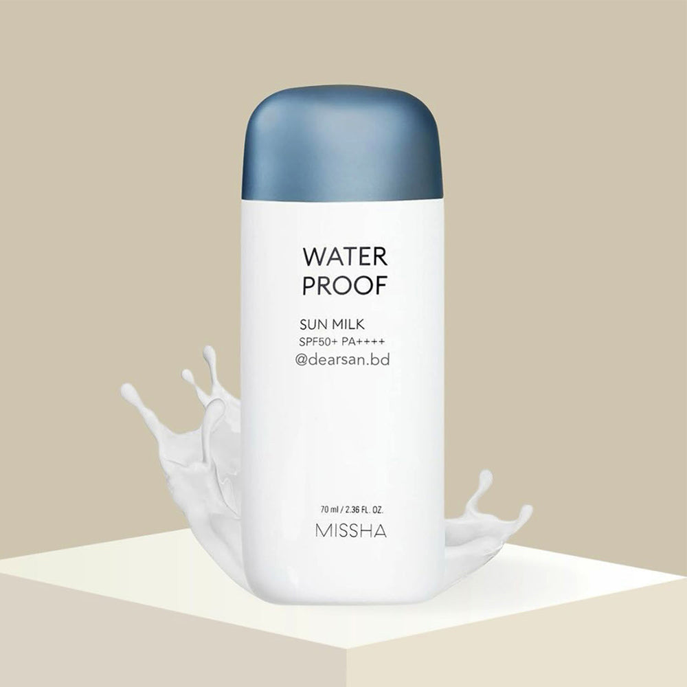 Missha Waterproof Sun Milk SPF50+ PA++++ in 70ml bottle, showing the pink packaging and product label.