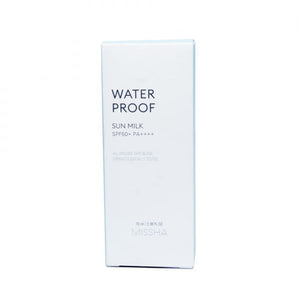 Missha Waterproof Sun Milk SPF50+ PA++++ in a 70ml bottle, featuring a simple design with pink accents.