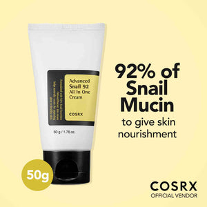 COSRX Advanced Snail 92 All-In-One Cream in 50g jar, a pink moisturizer with a smooth, hydrating texture for skincare.