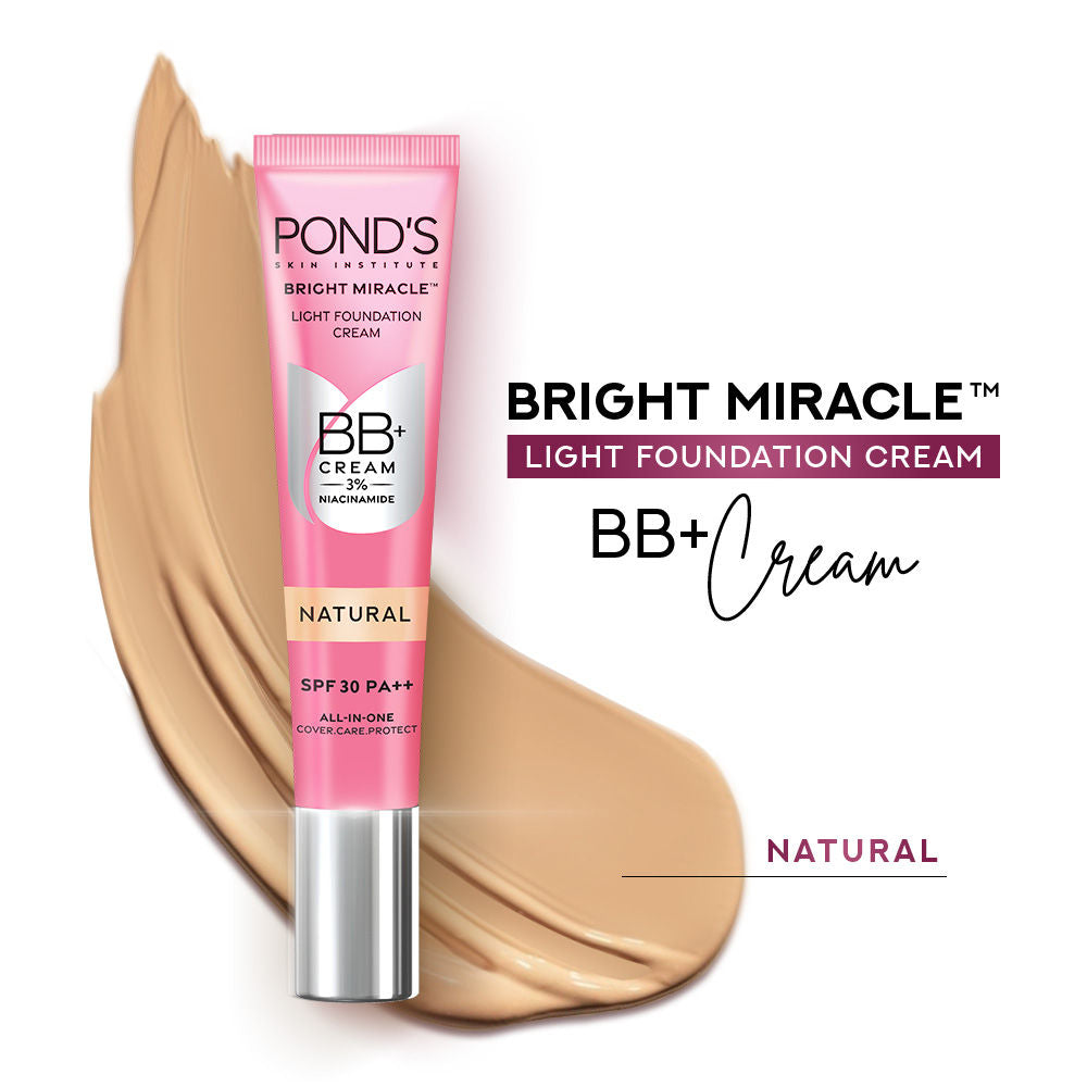 Pond’s Bright Miracle Light Foundation and BB+ Cream in Natural shade, pink packaging, with a smooth, creamy texture.