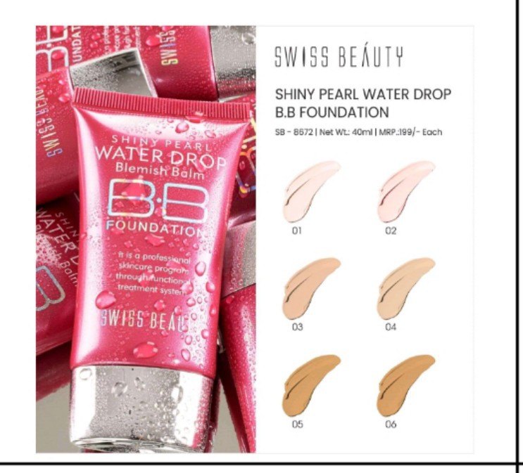 Swiss Beauty Shiny Pearl Water Drop BB Foundation tube with six skin tone swatches from light to dark