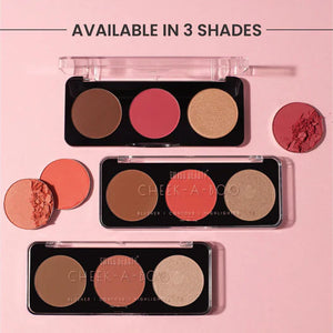 Detailed view of the pigmented blush, shimmer highlighter, and matte contour