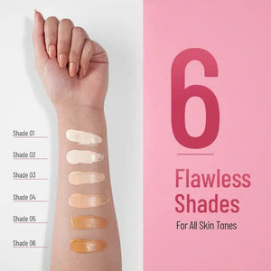 Arm swatched with six flawless foundation shades from light to dark on neutral background with pink panel