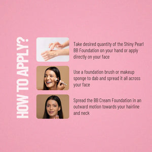Step-by-step guide to applying Shiny Pearl BB Cream with hand, brush, and outward motions on face and neck