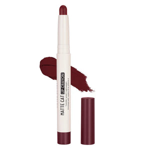 Swiss Beauty Matte Cat Lip Crayon in deep maroon shade 23 with cap off and color swatch