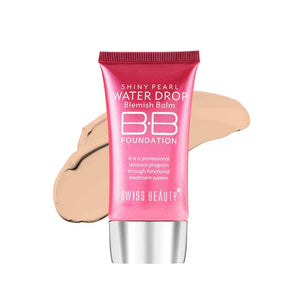 Swiss Beauty Shiny Pearl Water Drop Blemish Balm BB foundation tube with beige cream swatches