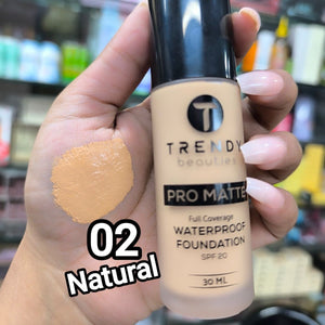 TRENDY Beauties Pro Matte Waterproof Foundation 02 Natural - SPF20 Long-Wear Base - Pink Flash BD