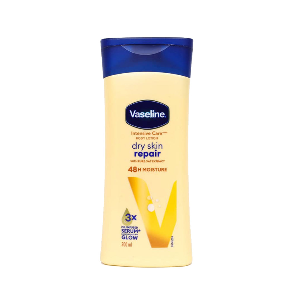 Vaseline Intensive Care Dry Skin Repair Lotion 200ml bottle with pink label, moisturizing and nourishing for dry skin.